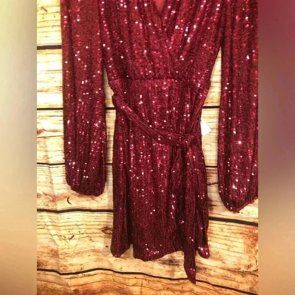 🍒💃🏻Cherry Bomb💃🏻🍒 Red Burgundy Long sleeve Sequin Wrap Dress NWT - Picture 7 of 14